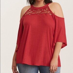 Torrid Red Lace Cold Shoulder Top Scoop Neck Knit Womens Size 1 US Size 1X 14 16
